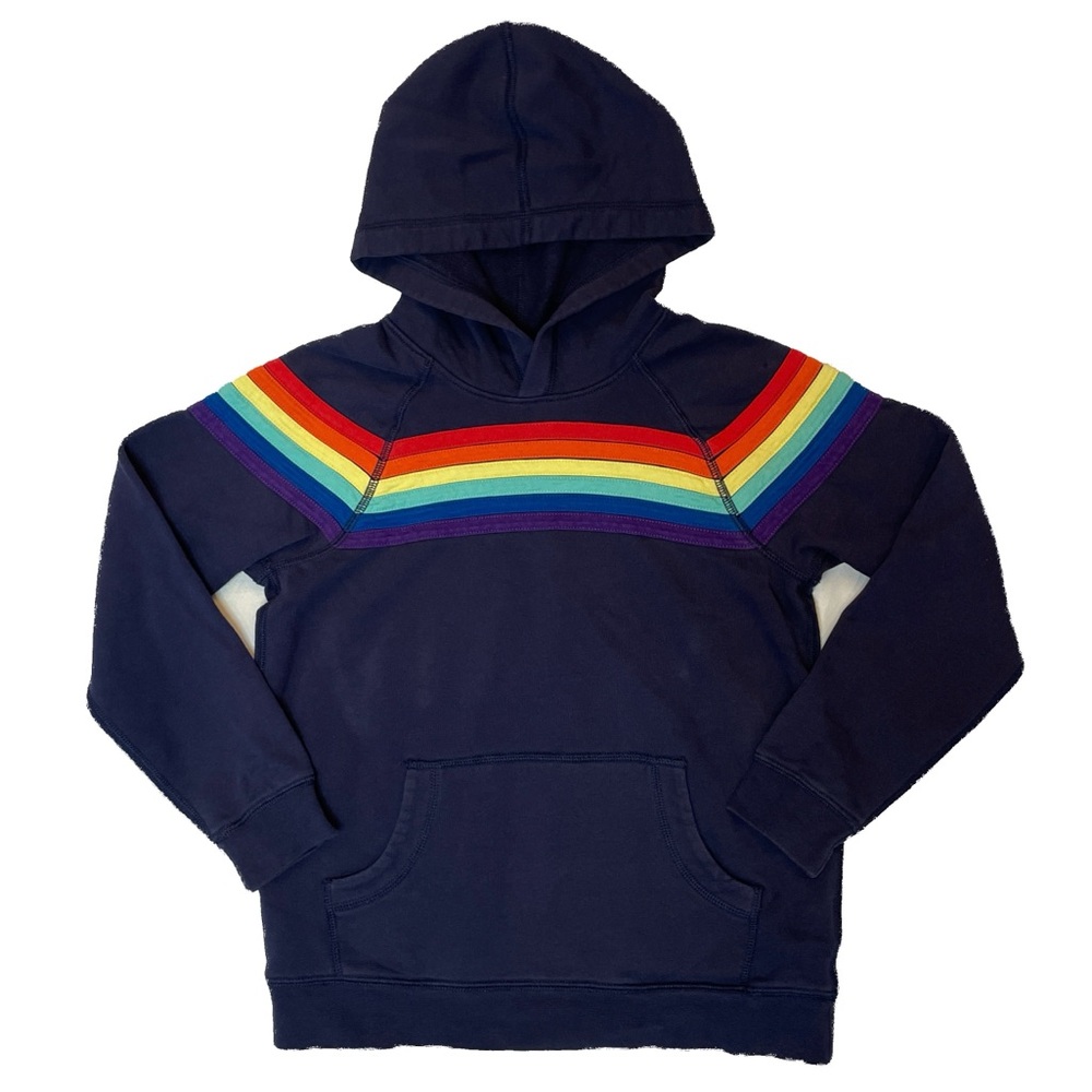 Hanna Andersson Hooded Sweatshirt - navy, with rainbow stripe, size 140 (10)